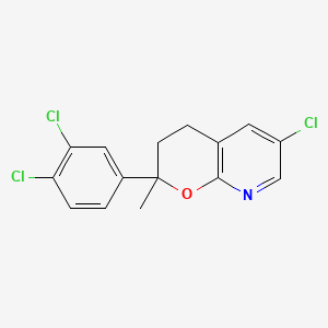 molecular formula C15H12Cl3NO B12686171 6-Chloro-2-(3,4-dichlorophenyl)-2-methyl-3,4-dihydropyrano[2,3-b]pyridine CAS No. 102830-85-3