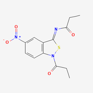molecular formula C13H13N3O4S B12688754 N-(5-Nitro-1-(1-oxopropyl)-2,1-benzisothiazol-3(1H)-ylidene)propanamide CAS No. 106532-61-0