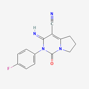molecular formula C14H11FN4O B12688999 Pyrrolo(1,2-c)pyrimidine-4-carbonitrile, 1,2,3,5,6,7-hexahydro-2-(4-fluorophenyl)-3-imino-1-oxo- CAS No. 120239-11-4