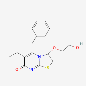 molecular formula C18H22N2O3S B12689494 7H-Thiazolo(3,2-a)pyrimidin-7-one, 2,3-dihydro-3-(2-hydroxyethoxy)-6-(1-methylethyl)-5-(phenylmethyl)- CAS No. 199852-27-2