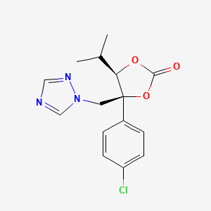 molecular formula C15H16ClN3O3 B12689643 L-Arabinitol, 3,4-O-carbonyl-4-C-(4-chlorophenyl)-1,2,5-trideoxy-2-methyl-5-(1H-1,2,4-triazol-1-yl)- CAS No. 107659-83-6