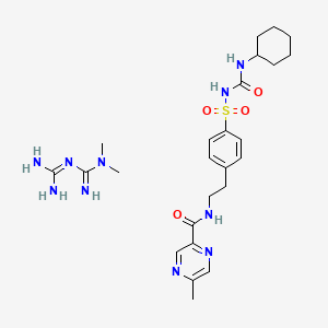 molecular formula C25H38N10O4S B12691213 N-[2-[4-(cyclohexylcarbamoylsulfamoyl)phenyl]ethyl]-5-methylpyrazine-2-carboxamide;3-(diaminomethylidene)-1,1-dimethylguanidine CAS No. 614753-49-0