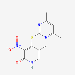 molecular formula C12H12N4O3S B12691264 2(1H)-Pyridinone, 4-((4,6-dimethyl-2-pyrimidinyl)thio)-5-methyl-3-nitro- CAS No. 172469-83-9