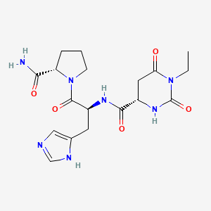 molecular formula C18H25N7O5 B12691793 L-Prolinamide, N-((hexahydro-1-ethyl-2,6-dioxo-4-pyrimidinyl)carbonyl)-L-histidyl-, (S)-, hydrate CAS No. 128056-02-0