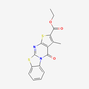 molecular formula C16H12N2O3S2 B12691850 ethyl 14-methyl-16-oxo-8,12-dithia-1,10-diazatetracyclo[7.7.0.02,7.011,15]hexadeca-2,4,6,9,11(15),13-hexaene-13-carboxylate CAS No. 159852-69-4