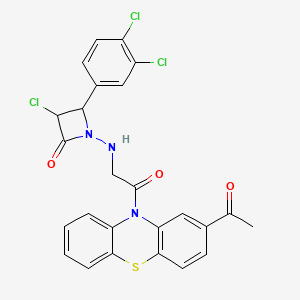 molecular formula C25H18Cl3N3O3S B12691969 10H-Phenothiazine, 2-acetyl-10-(((3-chloro-2-(3,4-dichlorophenyl)-4-oxo-1-azetidinyl)amino)acetyl)- CAS No. 89258-20-8