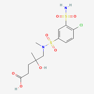 molecular formula C13H19ClN2O7S2 B12695264 Pentanoic acid, 5-(((3-(aminosulfonyl)-4-chlorophenyl)sulfonyl)methylamino)-4-hydroxy-4-methyl- CAS No. 14886-91-0