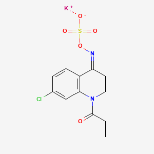 molecular formula C12H12ClKN2O5S B12695813 Hydroxylamine-O-sulfonic acid, N-(7-chloro-2,3-dihydro-1-(1-oxopropyl)-4(1H)-quinolinylidene)-, potassium salt CAS No. 114427-39-3