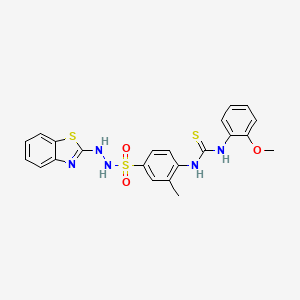 molecular formula C22H21N5O3S3 B12696756 Benzenesulfonic acid, 4-((((2-methoxyphenyl)amino)thioxomethyl)amino)-3-methyl-, 2-(2-benzothiazolyl)hydrazide CAS No. 116854-93-4