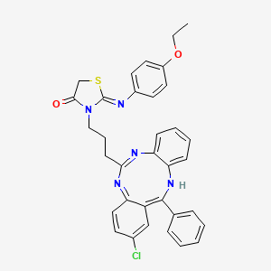 molecular formula C34H30ClN5O2S B12696934 4-Thiazolidinone, 3-(3-(2-chloro-13-phenyl-5H-dibenzo(d,h)(1,3,6)triazonin-6-yl)propyl)-2-((4-ethoxyphenyl)imino)- CAS No. 103687-08-7