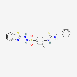 molecular formula C22H21N5O2S3 B12697080 Benzenesulfonic acid, 3-methyl-4-((((phenylmethyl)amino)thioxomethyl)amino)-, 2-(2-benzothiazolyl)hydrazide CAS No. 116854-91-2