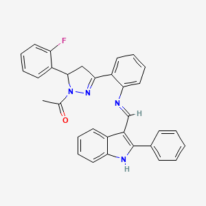 molecular formula C32H25FN4O B12697985 1H-Pyrazole, 1-acetyl-5-(2-fluorophenyl)-4,5-dihydro-3-(2-(((2-phenyl-1H-indol-3-yl)methylene)amino)phenyl)- CAS No. 133381-55-2