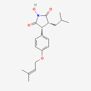 molecular formula C19H25NO4 B12698327 2,5-Pyrrolidinedione, 1-hydroxy-3-(4-((3-methyl-2-butenyl)oxy)phenyl)-4-(2-methylpropyl)-, (3R,4R)- CAS No. 656832-05-2