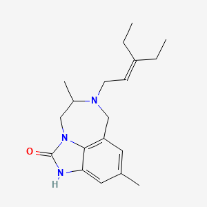 molecular formula C19H27N3O B12698766 (+-)-9-Methyl-4,5,6,7-tetrahydro-5-methyl-6-(3-ethyl-2-pentenyl)imidazo-(4,5,1-jk)(1,4)-benzodiazepin-2(IH)-one CAS No. 141114-25-2