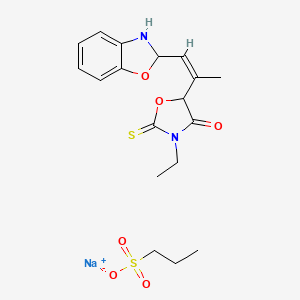 molecular formula C18H23N2NaO6S2 B12700792 Sodium 2-(2-(3-ethyl-4-oxo-2-thioxooxazolidin-5-yl)prop-1-enyl)-2H-benzoxazole-3-propylsulphonate CAS No. 80879-56-7