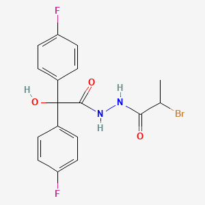 molecular formula C17H15BrF2N2O3 B12700909 Benzeneacetic acid, 4-fluoro-alpha-(4-fluorophenyl)-alpha-hydroxy-, 2-(2-bromo-1-oxopropyl)hydrazide CAS No. 128156-83-2