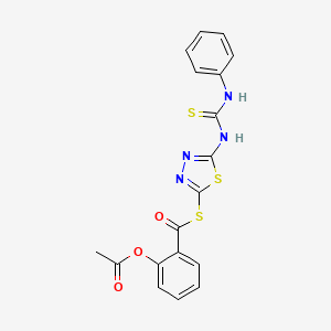 molecular formula C18H14N4O3S3 B12701916 Benzenecarbothioic acid, 2-(acetyloxy)-, S-(5-(((phenylamino)thioxomethyl)amino)-1,3,4-thiadiazol-2-yl) ester CAS No. 86910-87-4