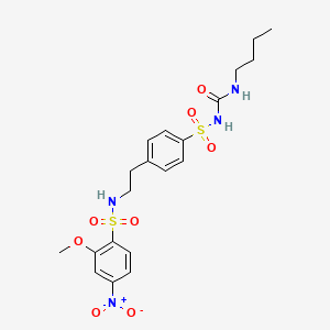 molecular formula C20H26N4O8S2 B12701943 Benzenesulfonamide, N-(2-(4-((((butylamino)carbonyl)amino)sulfonyl)phenyl)ethyl)-2-methoxy-4-nitro- CAS No. 81514-32-1