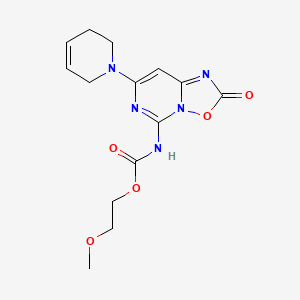 molecular formula C14H17N5O5 B12702346 Carbamic acid, (7-(3,6-dihydro-1(2H)-pyridinyl)-2-oxo-2H-(1,2,4)oxadiazolo(2,3-c)pyrimidin-5-yl)-, 2-methoxyethyl ester CAS No. 83395-27-1
