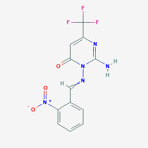 molecular formula C12H8F3N5O3 B1270282 2-amino-3-{[(2-nitrophenyl)methylene]amino}-6-(trifluoromethyl)-4(3H)-pyrimidinone 