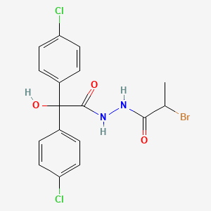 molecular formula C17H15BrCl2N2O3 B12703179 Benzeneacetic acid, 4-chloro-alpha-(4-chlorophenyl)-alpha-hydroxy-, 2-(2-bromo-1-oxopropyl)hydrazide CAS No. 128156-84-3