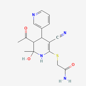molecular formula C16H18N4O3S B12703909 Acetamide, 2-((5'-acetyl-3'-cyano-1',4',5',6'-tetrahydro-6'-hydroxy-6'-methyl-(3,4'-bipyridin)-2'-yl)thio)- CAS No. 117491-09-5