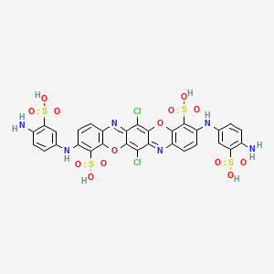 molecular formula C30H20Cl2N6O14S4 B12704067 3,10-Bis((4-amino-3-sulphophenyl)amino)-6,13-dichlorotriphenodioxazine-4,11-disulphonic acid CAS No. 42783-21-1