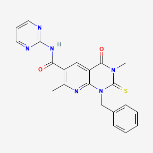 molecular formula C21H18N6O2S B12704306 Pyrido(2,3-d)pyrimidine-6-carboxamide, 1,2,3,4-tetrahydro-1-benzyl-3,7-dimethyl-4-oxo-N-(2-pyrimidinyl)-2-thioxo- CAS No. 109493-27-8