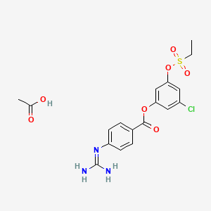 molecular formula C18H20ClN3O7S B12704315 Benzoic acid, 4-((aminoiminomethyl)amino)-, 3-chloro-5-((ethylsulfonyl)oxy)phenyl ester, monoacetate CAS No. 111909-93-4