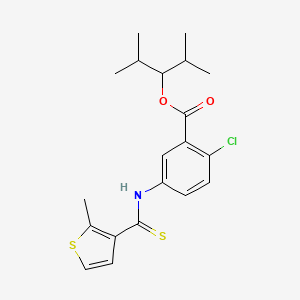molecular formula C20H24ClNO2S2 B12704380 Benzoic acid, 2-chloro-5-(((2-methyl-3-thienyl)thioxomethyl)amino)-, 2-methyl-1-(1-methylethyl)propyl ester CAS No. 180034-55-3