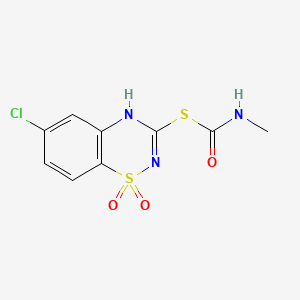 molecular formula C9H8ClN3O3S2 B12704467 Carbamothioic acid, methyl-, S-(6-chloro-1,1-dioxido-4H-1,2,4-benzothiadiazin-3-yl) ester CAS No. 87343-90-6