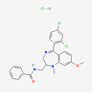 molecular formula C25H24Cl3N3O2 B12704541 Benzamide, N-((5-(2,4-dichlorophenyl)-8-methoxy-1-methyl-2,3-dihydro-1H-1,4-benzodiazepin-2-yl)methyl)-, monohydrochloride CAS No. 83736-28-1