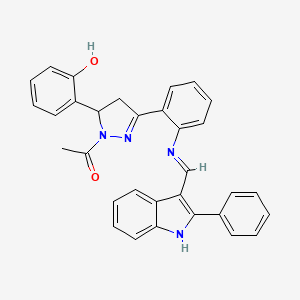 molecular formula C32H26N4O2 B12706347 1H-Pyrazole, 1-acetyl-4,5-dihydro-5-(2-hydroxyphenyl)-3-(2-(((2-phenyl-1H-indol-3-yl)methylene)amino)phenyl)- CAS No. 133381-54-1