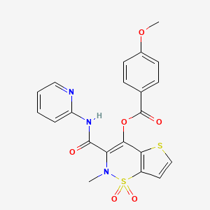 molecular formula C21H17N3O6S2 B12706819 Benzoic acid, 4-methoxy-, 2-methyl-3-((2-pyridinylamino)carbonyl)-2H-thieno(2,3-e)-1,2-thiazin-4-yl ester, S,S-dioxide CAS No. 123277-35-0