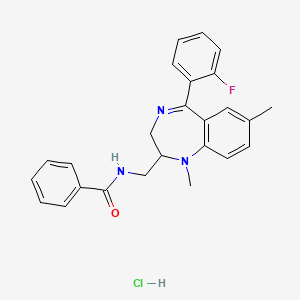 molecular formula C25H25ClFN3O B12707006 Benzamide, N-((5-(2-fluorophenyl)-1,7-dimethyl-2,3-dihydro-1H-1,4-benzodiazepin-2-yl)methyl)-, monohydrochloride CAS No. 83736-81-6