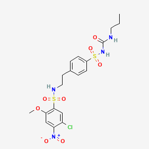 molecular formula C19H23ClN4O8S2 B12707364 Benzenesulfonamide, 5-chloro-2-methoxy-4-nitro-N-(2-(4-((((propylamino)carbonyl)amino)sulfonyl)phenyl)ethyl)- CAS No. 81514-34-3