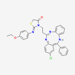molecular formula C33H28ClN5O2S B12708580 4-Thiazolidinone, 3-(2-(2-chloro-13-phenyl-5H-dibenzo(d,h)(1,3,6)triazonin-6-yl)ethyl)-2-((4-ethoxyphenyl)imino)- CAS No. 103687-07-6