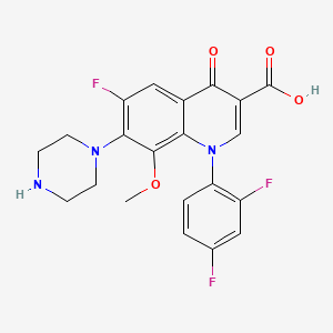 molecular formula C21H18F3N3O4 B12708693 3-Quinolinecarboxylic acid, 1-(2,4-difluorophenyl)-6-fluoro-1,4-dihydro-8-methoxy-4-oxo-7-(1-piperazinyl)- CAS No. 114213-72-8