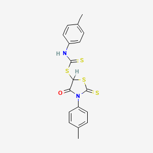 molecular formula C18H16N2OS4 B12708772 Carbamodithioic acid, (4-methylphenyl)-, 3-(4-methylphenyl)-4-oxo-2-thioxo-5-thiazolidinyl ester CAS No. 142979-68-8