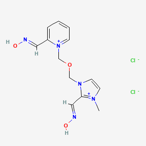 molecular formula C13H17Cl2N5O3 B12709373 Pyridinium, 2-((hydroxyimino)methyl)-1-(((2-((hydroxyimino)methyl)-3-methyl-1H-imidazolium-1-yl)methoxy)methyl)-, dichloride CAS No. 93490-44-9