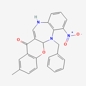 molecular formula C24H19N3O4 B12709508 (1)Benzopyrano(2,3-b)(1,5)benzodiazepin-13(5ah)-one, 6,11-dihydro-2-methyl-7-nitro-6-(phenylmethyl)- CAS No. 119707-40-3