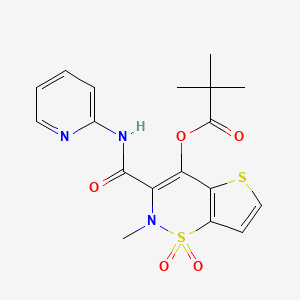 molecular formula C18H19N3O5S2 B12709563 Propanoic acid, 2,2-dimethyl-, 2-methyl-3-((2-pyridinylamino)carbonyl)-2H-thieno(2,3-e)-1,2-thiazin-4-yl ester, S,S-dioxide CAS No. 123253-04-3