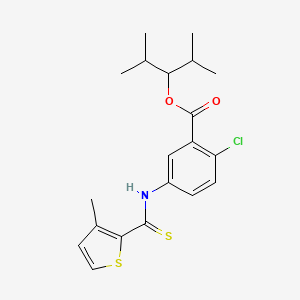 molecular formula C20H24ClNO2S2 B12709618 Benzoic acid, 2-chloro-5-(((3-methyl-2-thienyl)thioxomethyl)amino)-, 2-methyl-1-(1-methylethyl)propyl ester CAS No. 172998-60-6