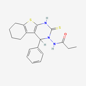 molecular formula C19H21N3OS2 B12709688 Propanamide, N-(1,4,5,6,7,8-hexahydro-4-phenyl-2-thioxo(1)benzothieno(2,3-d)pyrimidin-3(2H)-yl)- CAS No. 135718-58-0