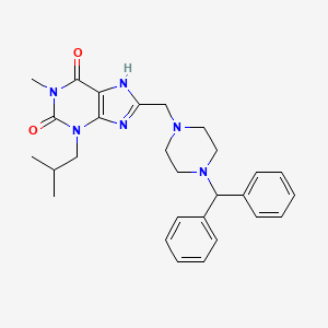molecular formula C28H34N6O2 B12709756 1H-Purine-2,6-dione, 3,7-dihydro-8-((4-(diphenylmethyl)-1-piperazinyl)methyl)-1-methyl-3-(2-methylpropyl)- CAS No. 90749-57-8