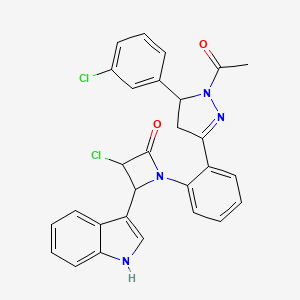 molecular formula C28H22Cl2N4O2 B12709763 1H-Pyrazole, 4,5-dihydro-1-acetyl-3-(2-(3-chloro-2-(1H-indol-3-yl)-4-oxo-1-azetidinyl)phenyl)-5-(3-chlorophenyl)- CAS No. 93415-46-4