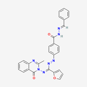 molecular formula C28H21N7O3 B12709770 Benzoic acid, 4-((2-furanyl((2-methyl-4-oxo-3(4H)-quinazolinyl)imino)methyl)azo)-, (phenylmethylene)hydrazide CAS No. 127786-20-3