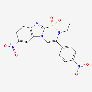 molecular formula C17H13N5O6S B12709780 2H-1,2,5-Thiadiazino(5,6-a)benzimidazole, 3,4-dihydro-2-ethyl-7-nitro-3-(4-nitrophenyl)-, 1,1-dioxide CAS No. 115242-30-3