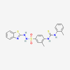 molecular formula C22H21N5O2S3 B12710010 Benzenesulfonic acid, 3-methyl-4-(((2-methylphenyl)amino)thioxomethyl)amino)-, 2-(2-benzothiazolyl)hydrazide CAS No. 116854-92-3