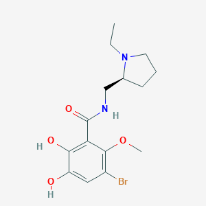 molecular formula C15H21BrN2O4 B127111 Benzamide, 3-bromo-N-((1-ethyl-2-pyrrolidinyl)methyl)-5,6-dihydroxy-2-methoxy-, (S)- CAS No. 148460-80-4
